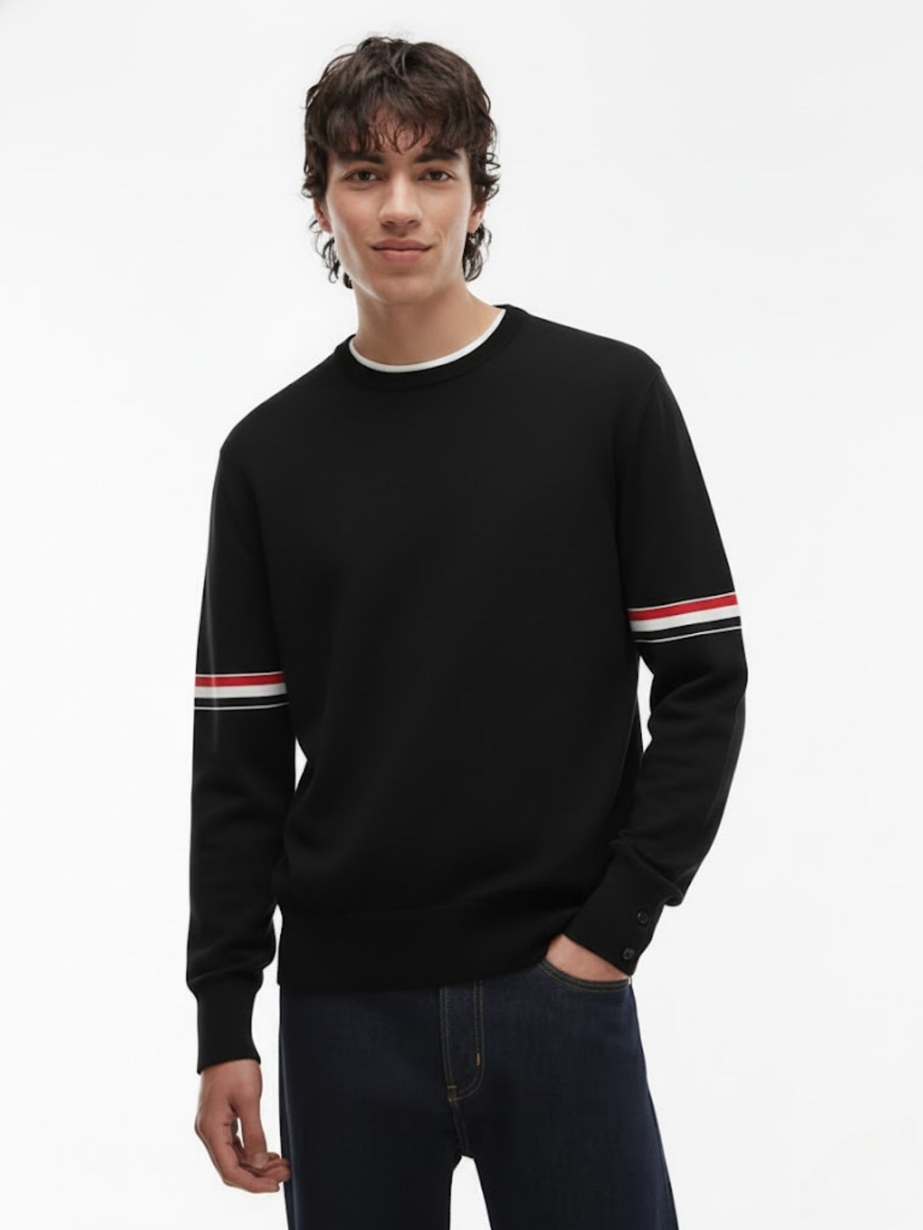 Men¡¯s Wool Crewneck Stripe Trim Sweater ¨C Classic Long-Sleeve Knit Pullover