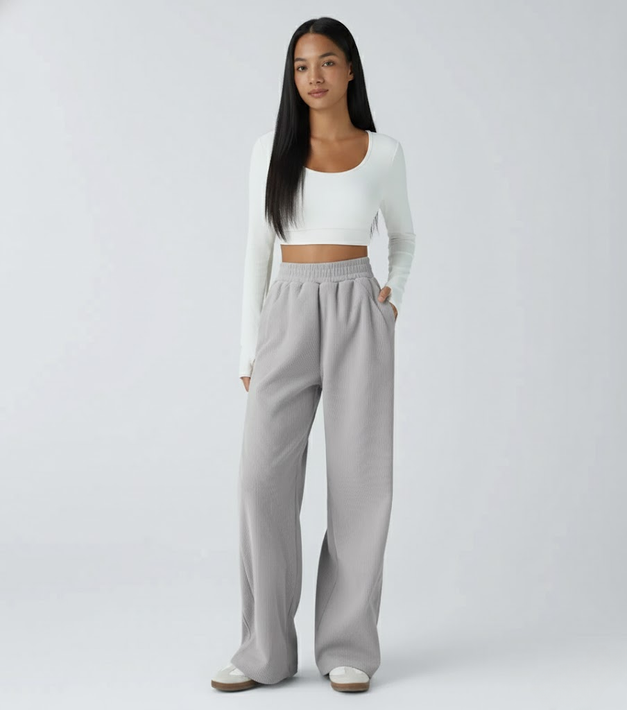 High Waisted Straight Leg Mop Corduroy Casual Pants