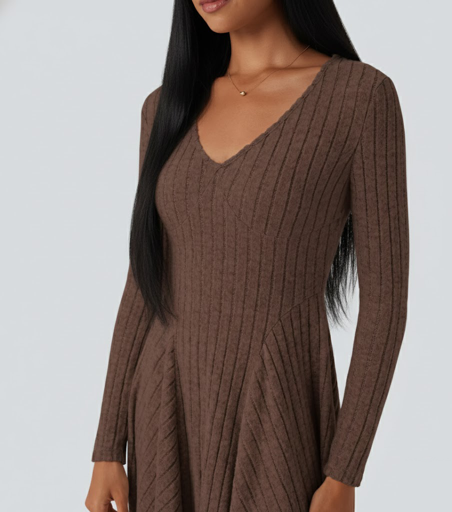 Ribbed Knit V Neck Long Sleeve Flare Casual Dress