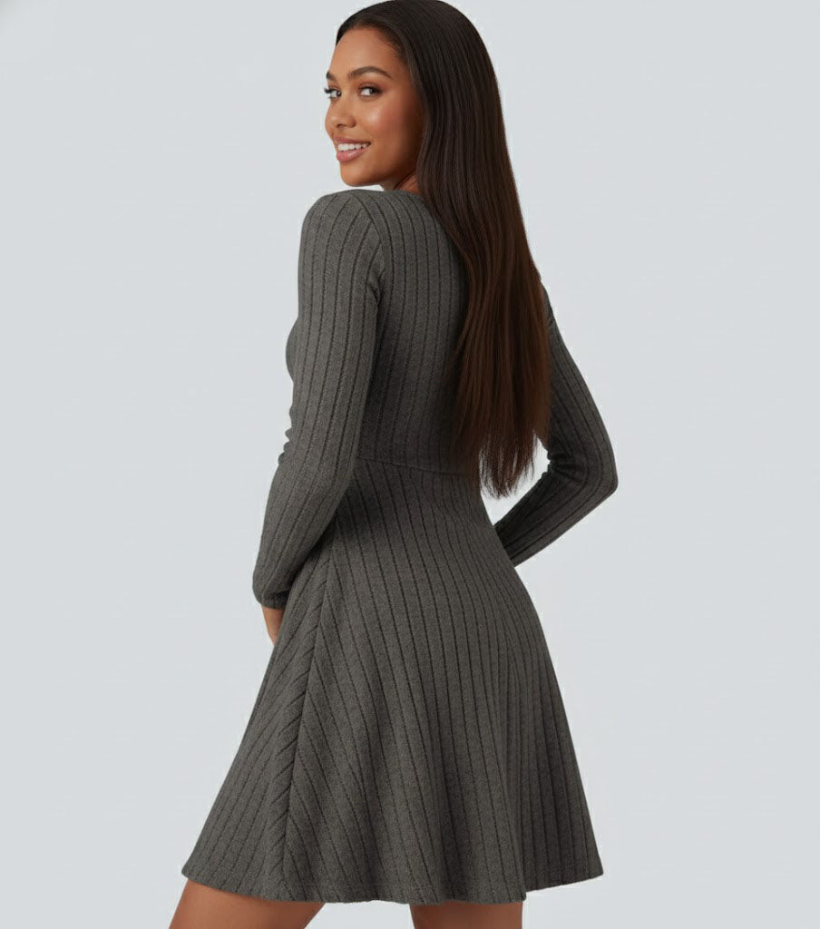 Ribbed Knit V Neck Long Sleeve Flare Casual Dress