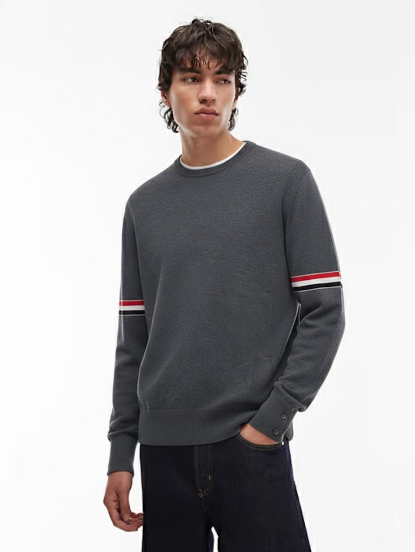 Men¡¯s Wool Crewneck Stripe Trim Sweater ¨C Classic Long-Sleeve Knit Pullover
