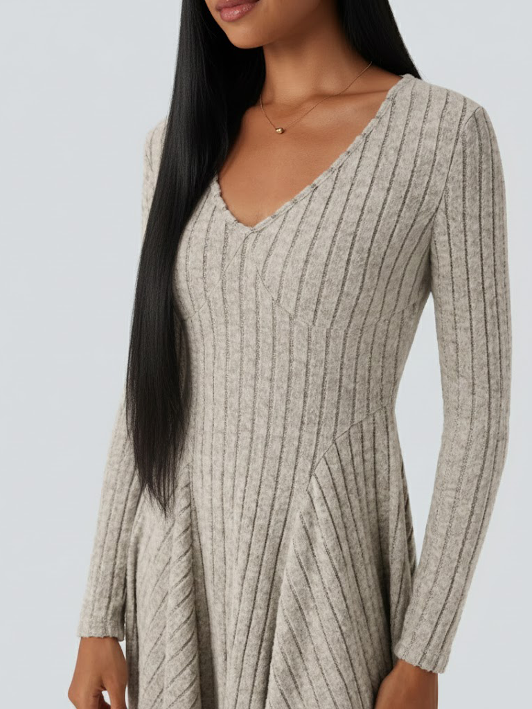Ribbed Knit V Neck Long Sleeve Flare Casual Dress