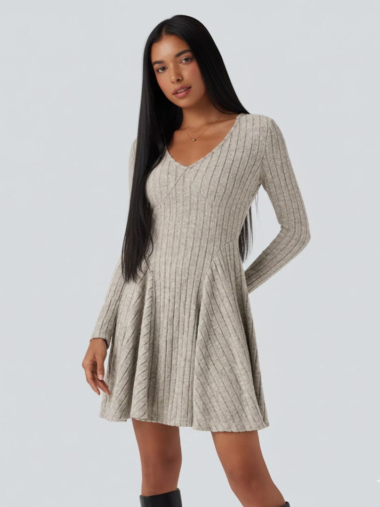 Ribbed Knit V Neck Long Sleeve Flare Casual Dress