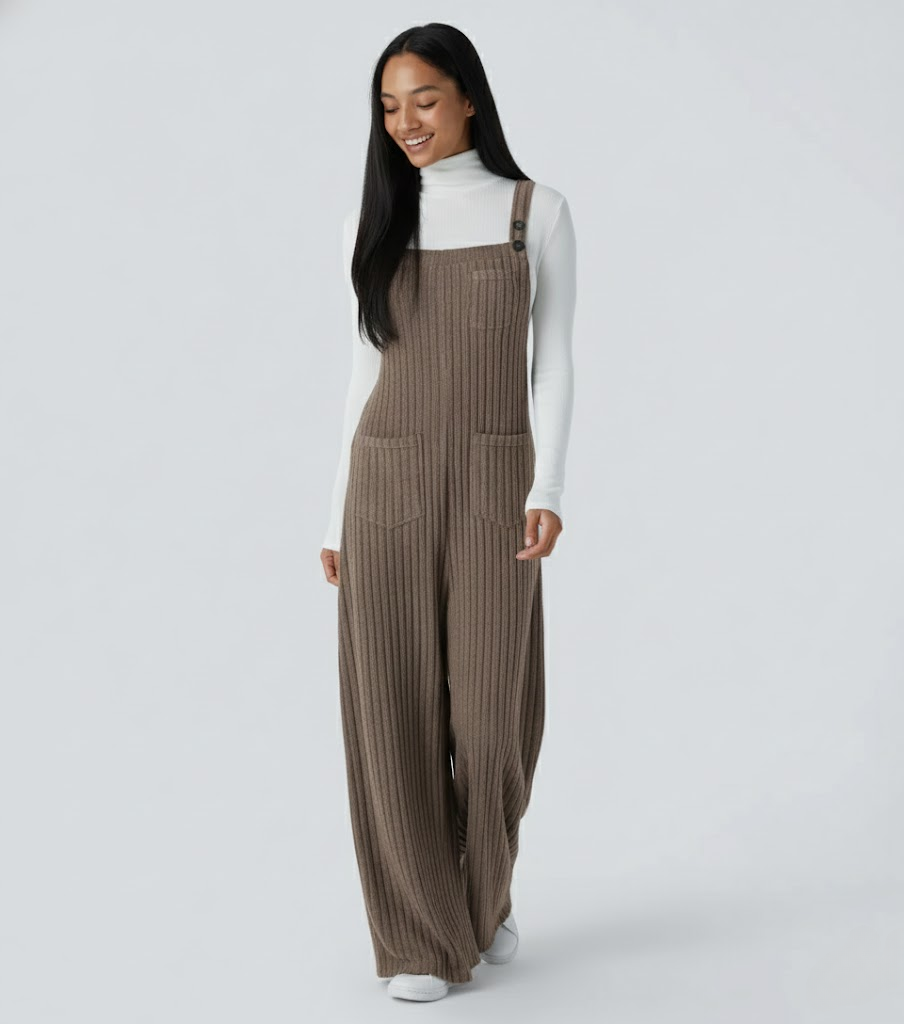 Ribbed Knit Pockets Casual Overalls