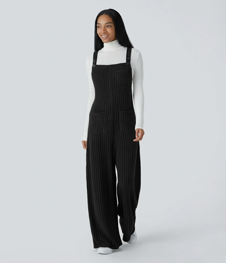 Ribbed Knit Pockets Casual Overalls