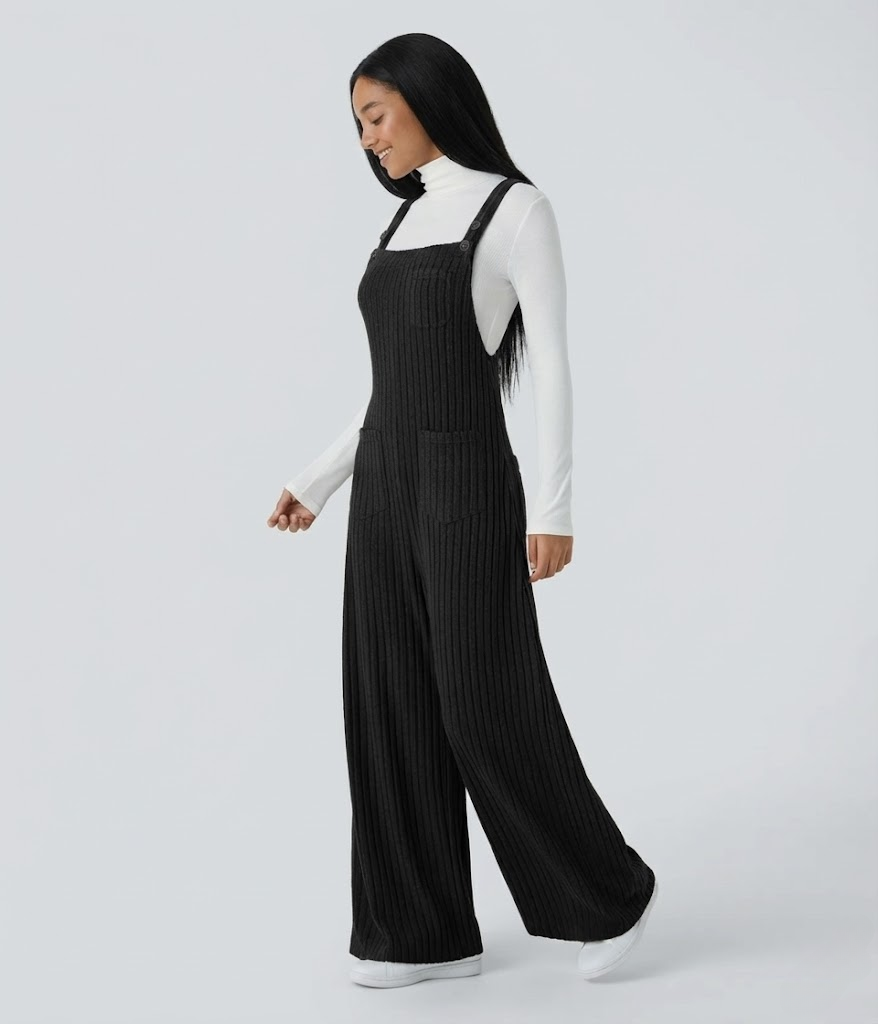 Ribbed Knit Pockets Casual Overalls