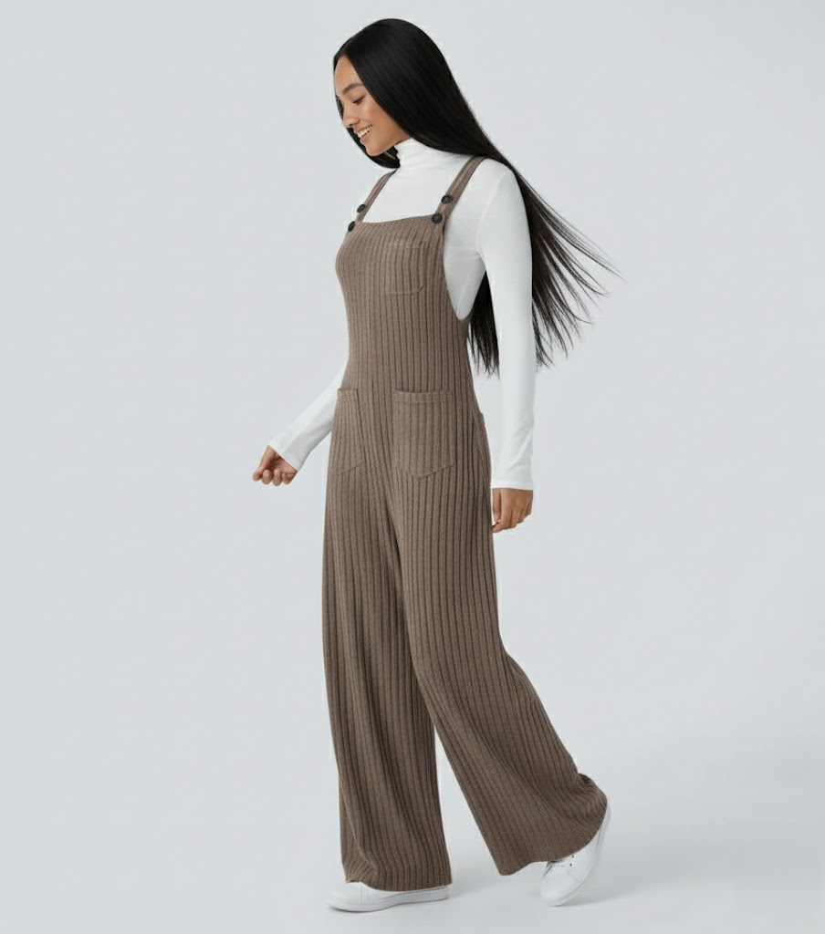Ribbed Knit Pockets Casual Overalls