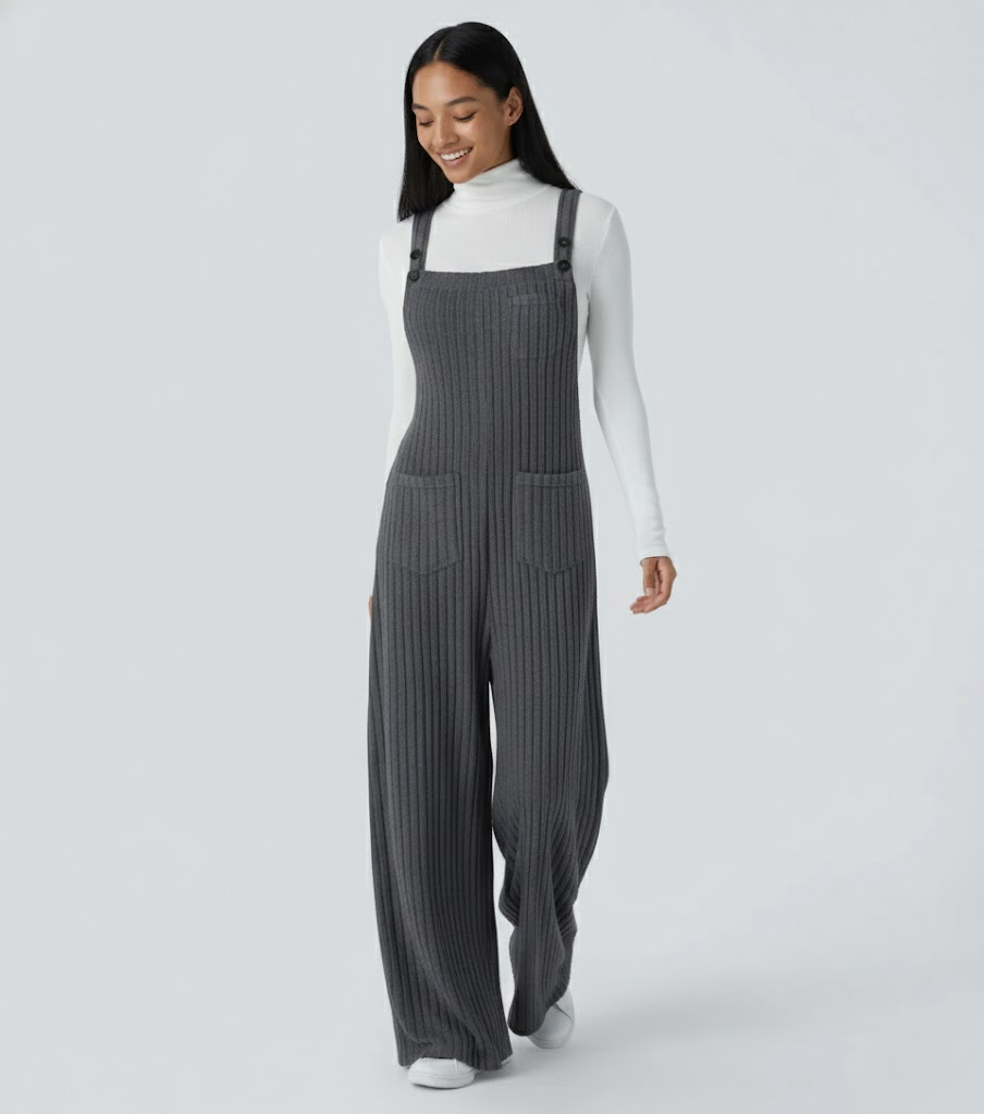 Ribbed Knit Pockets Casual Overalls