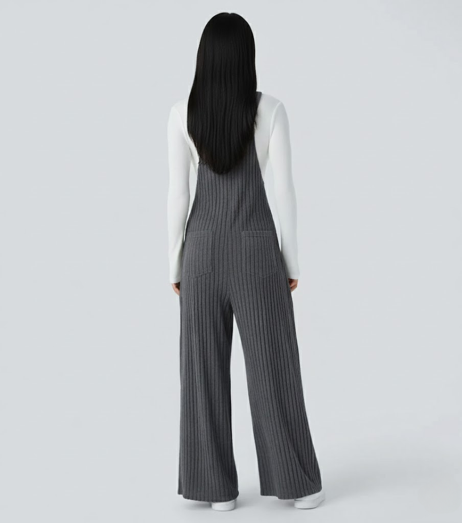 Ribbed Knit Pockets Casual Overalls
