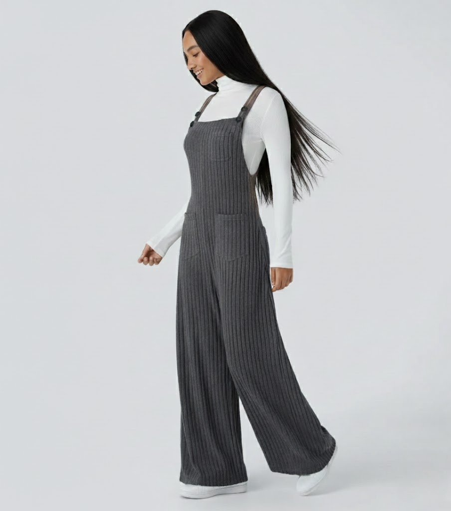 Ribbed Knit Pockets Casual Overalls