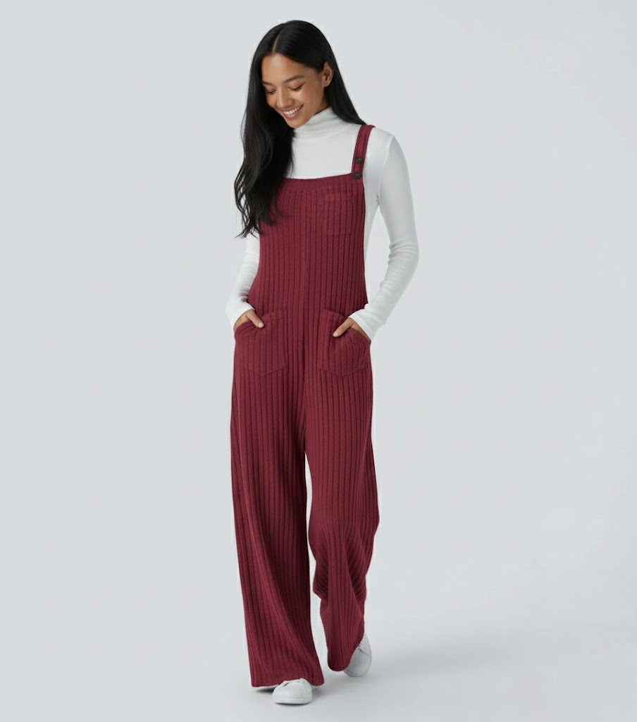 Ribbed Knit Pockets Casual Overalls
