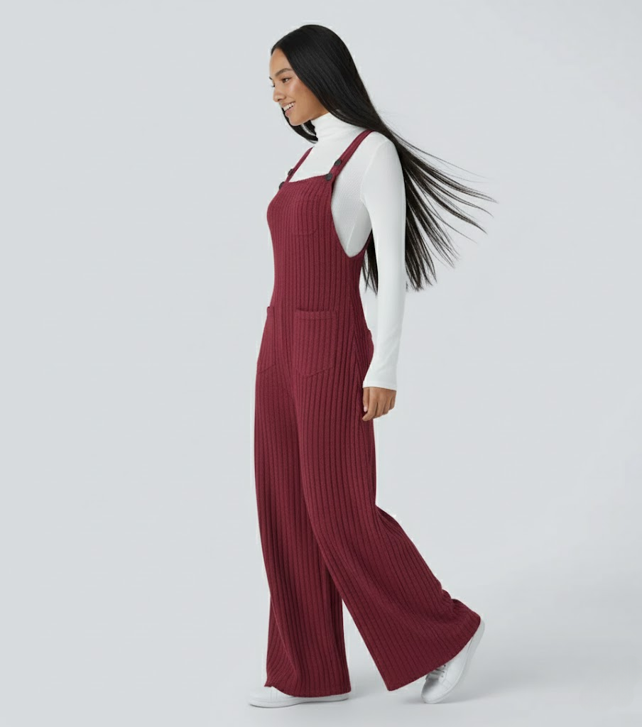 Ribbed Knit Pockets Casual Overalls