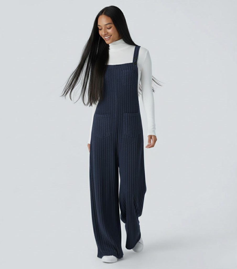Ribbed Knit Pockets Casual Overalls