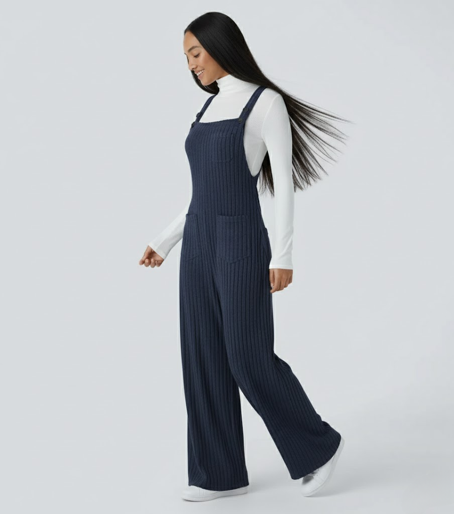 Ribbed Knit Pockets Casual Overalls