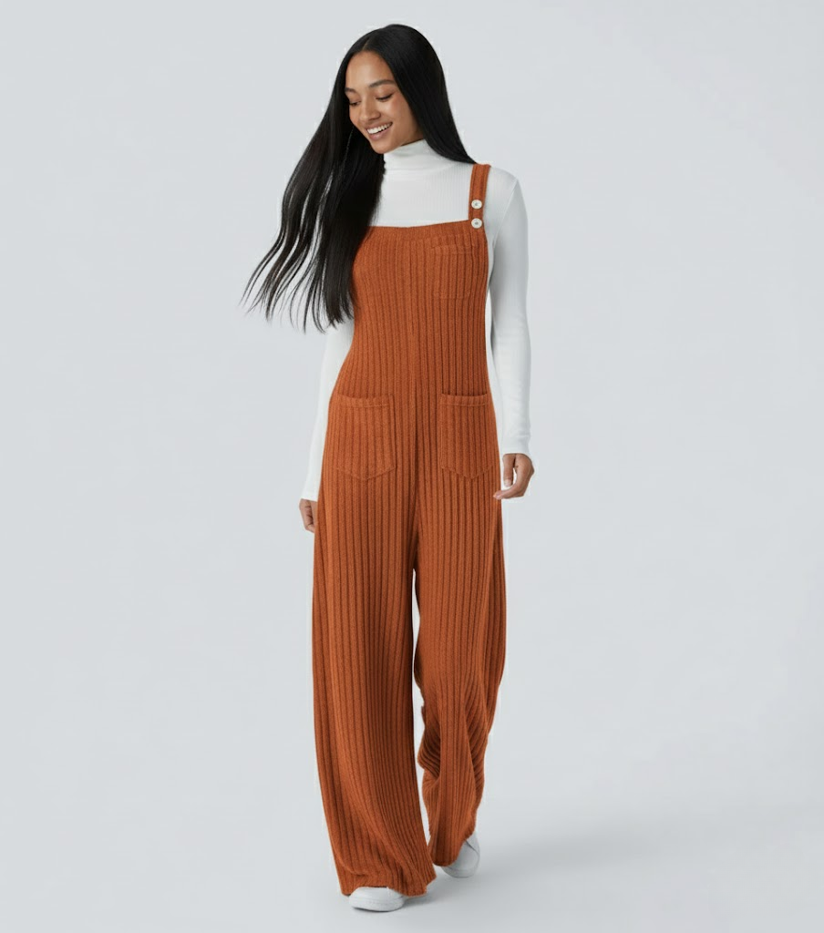 Ribbed Knit Pockets Casual Overalls