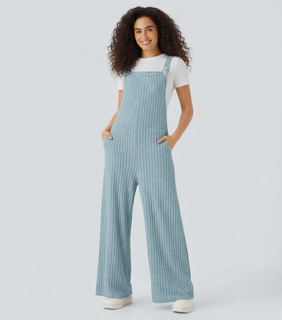Ribbed Knit Pockets Casual Overalls