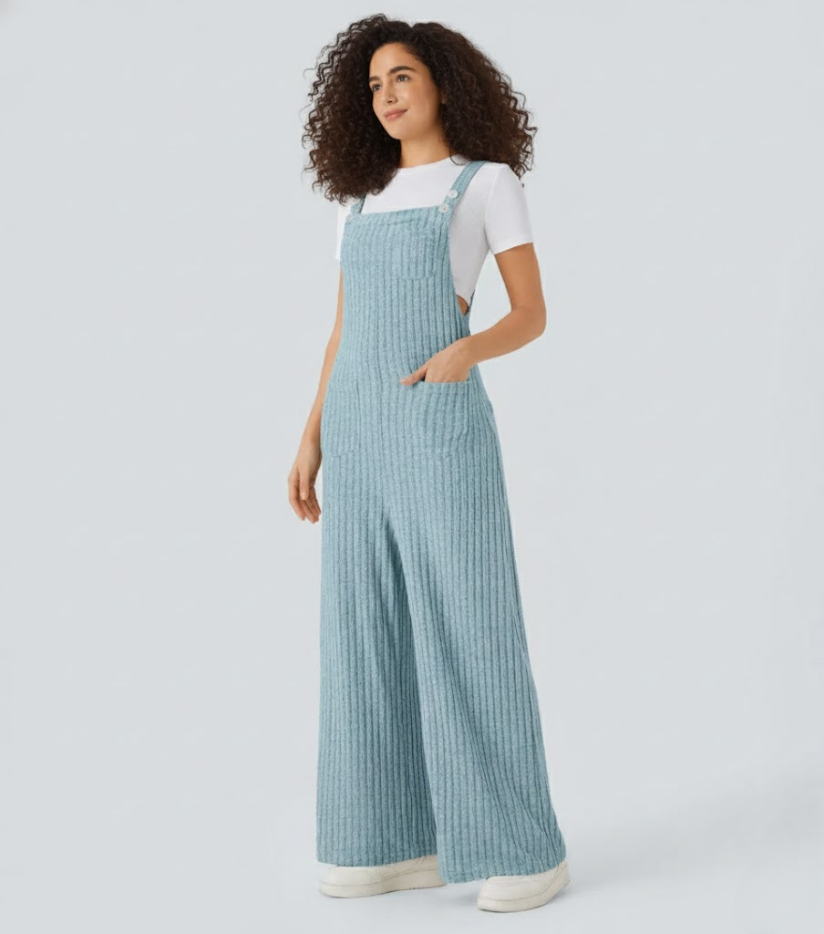 Ribbed Knit Pockets Casual Overalls