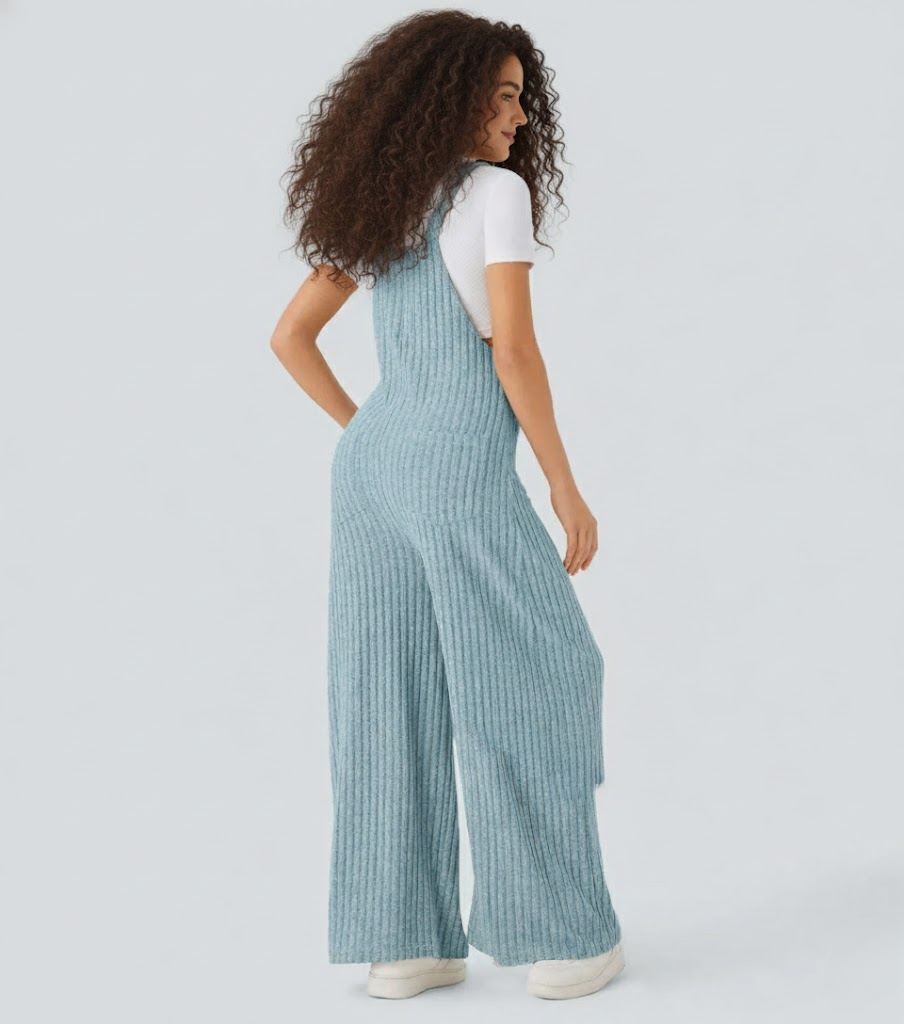 Ribbed Knit Pockets Casual Overalls