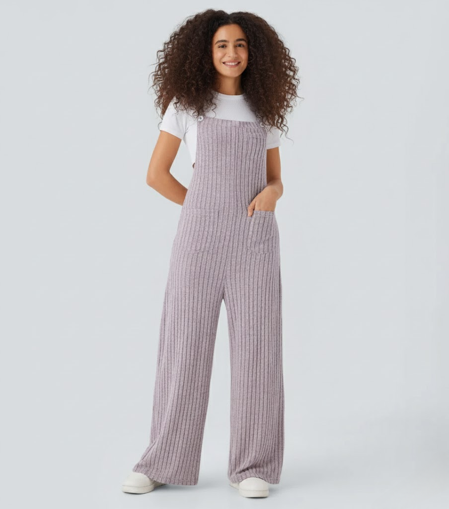 Ribbed Knit Pockets Casual Overalls