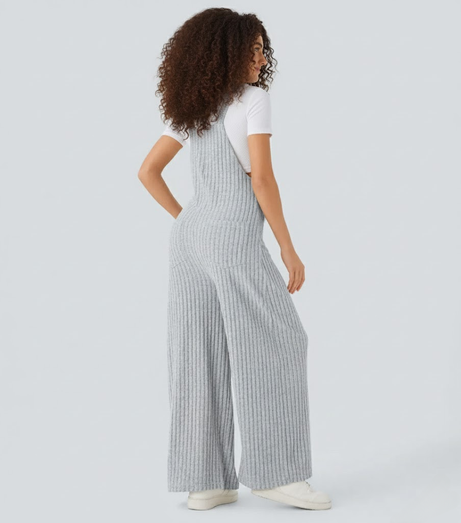 Ribbed Knit Pockets Casual Overalls