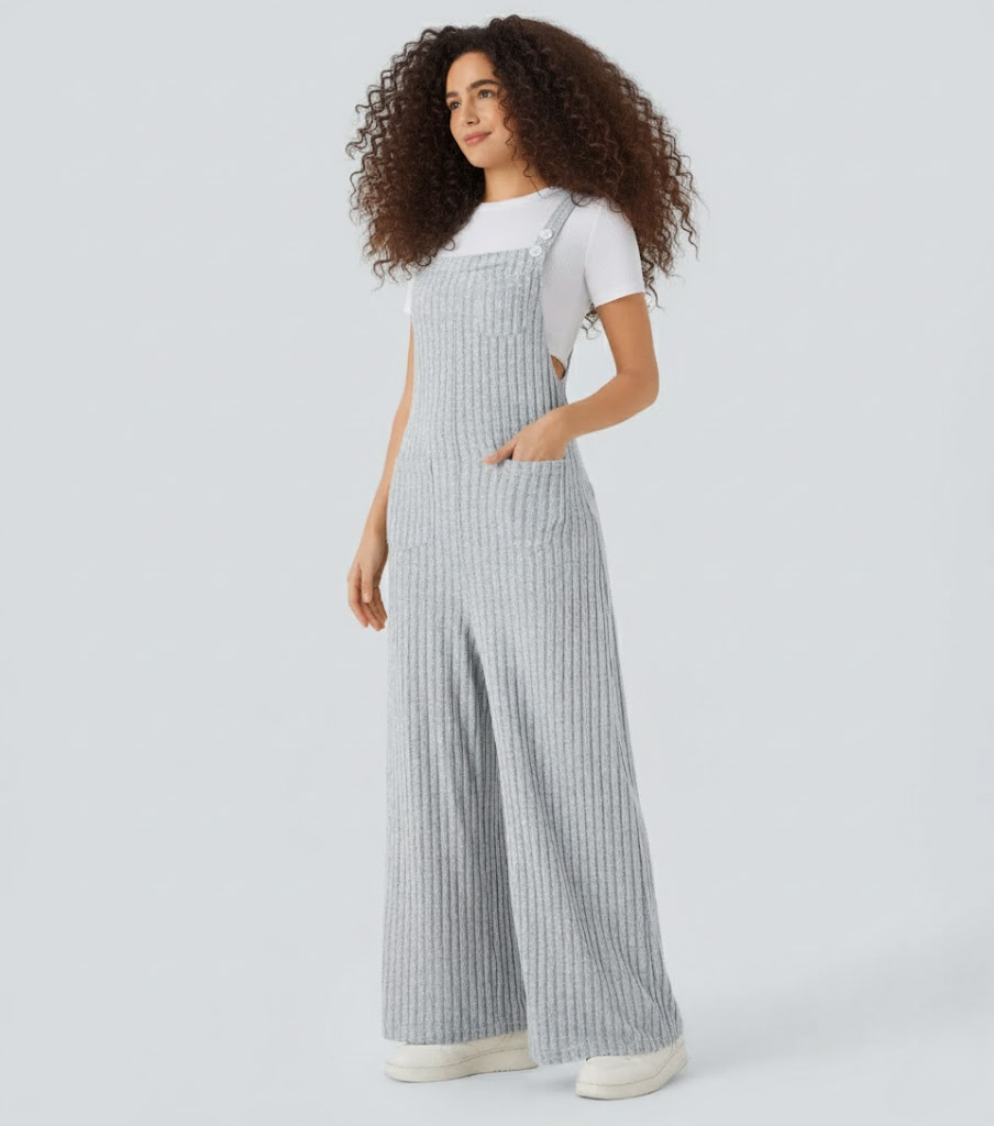 Ribbed Knit Pockets Casual Overalls