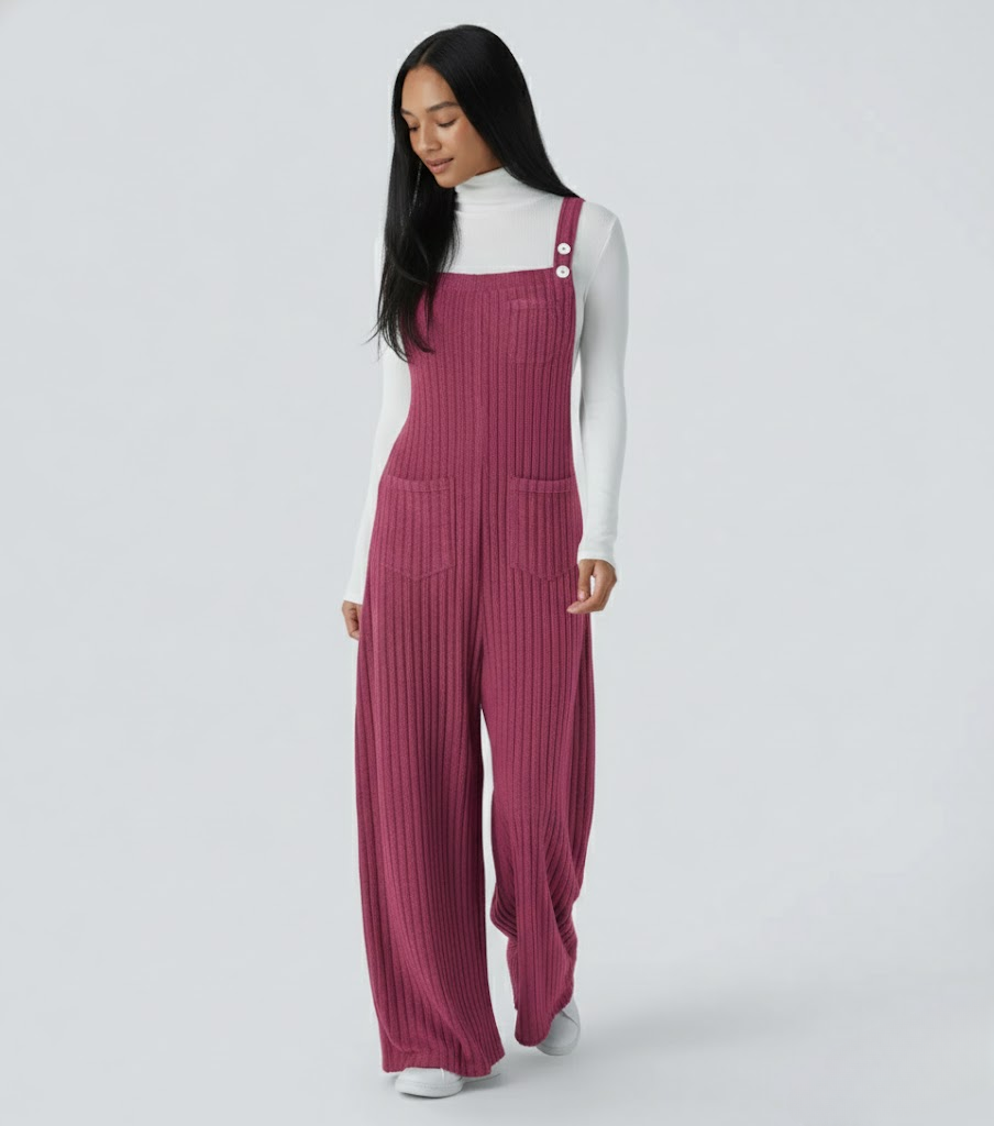 Ribbed Knit Pockets Casual Overalls