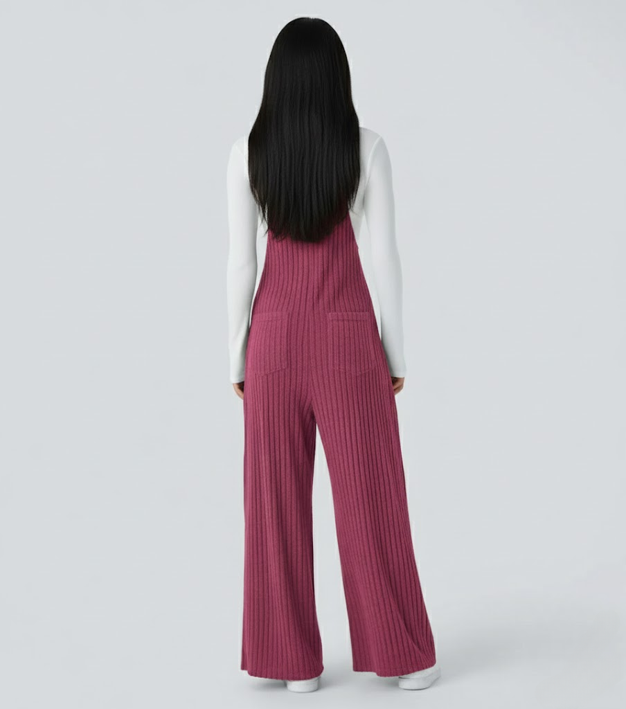 Ribbed Knit Pockets Casual Overalls