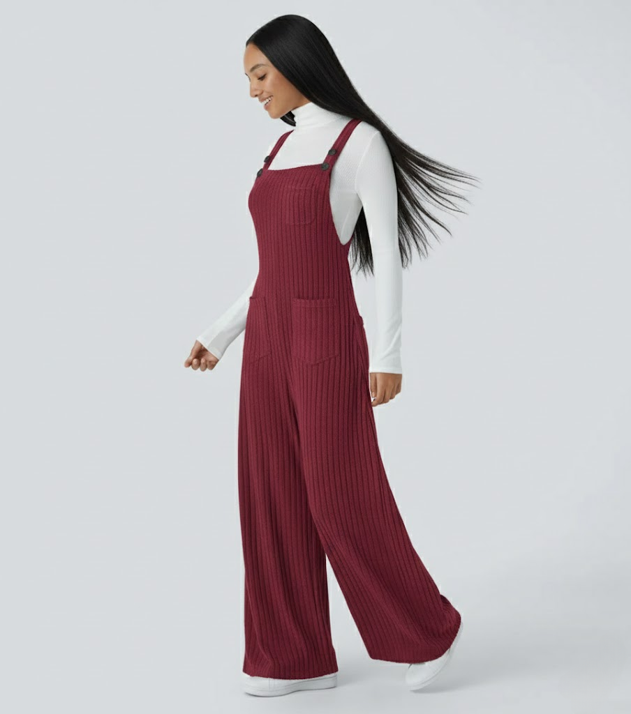 Ribbed Knit Pockets Casual Overalls