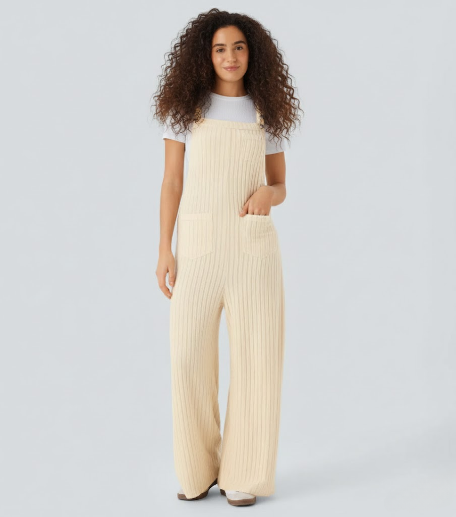 Ribbed Knit Pockets Casual Overalls