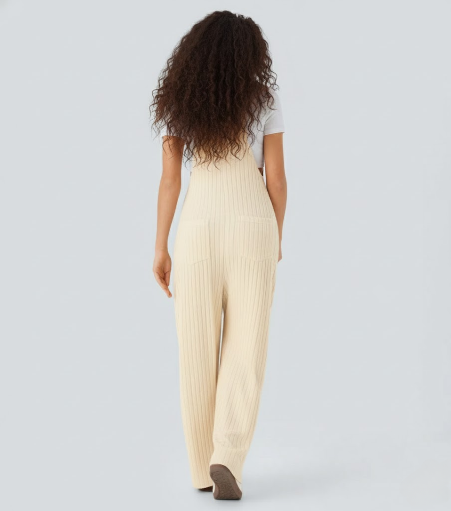 Ribbed Knit Pockets Casual Overalls