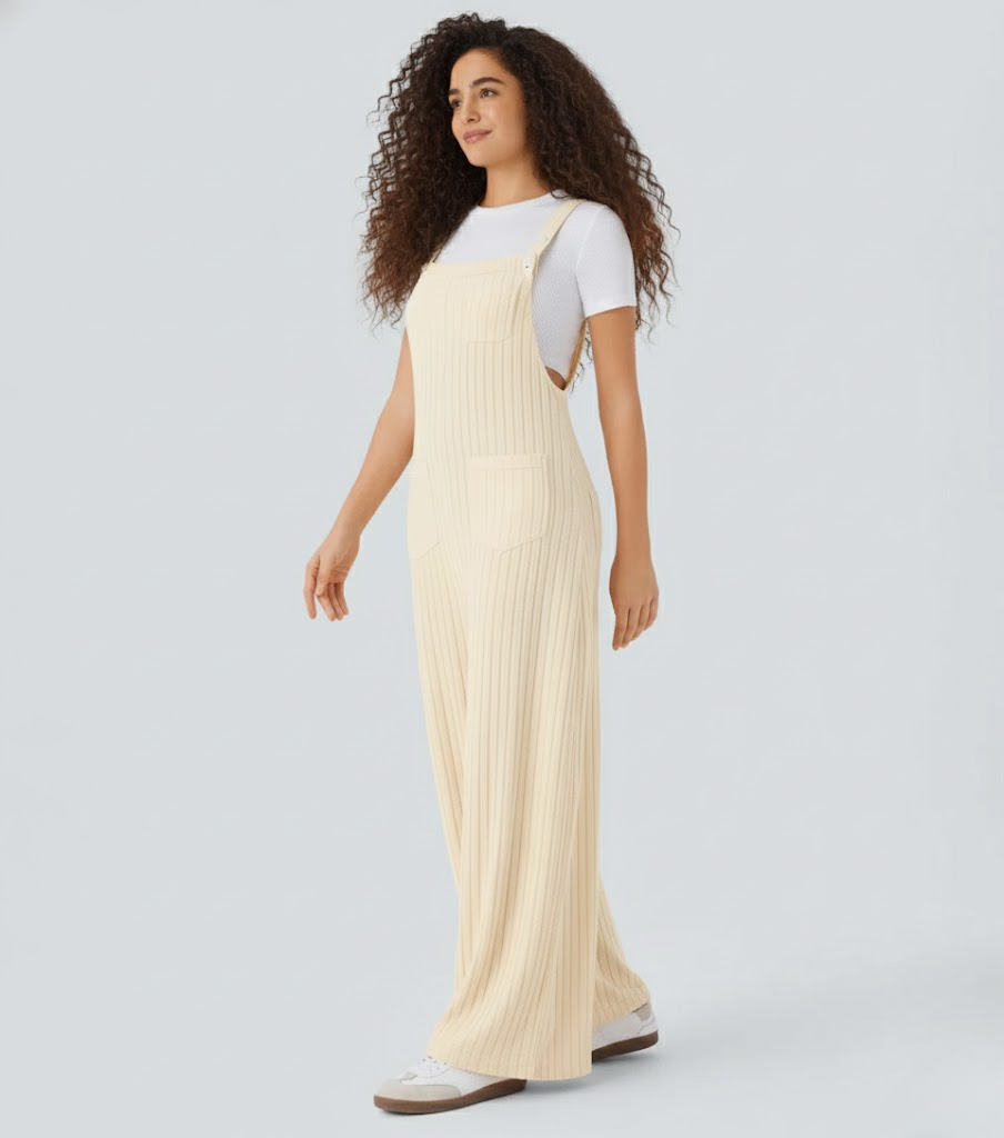 Ribbed Knit Pockets Casual Overalls