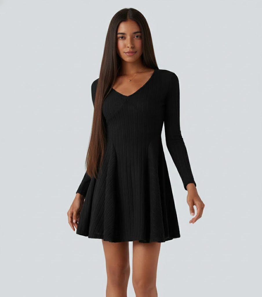 Ribbed Knit V Neck Long Sleeve Flare Casual Dress
