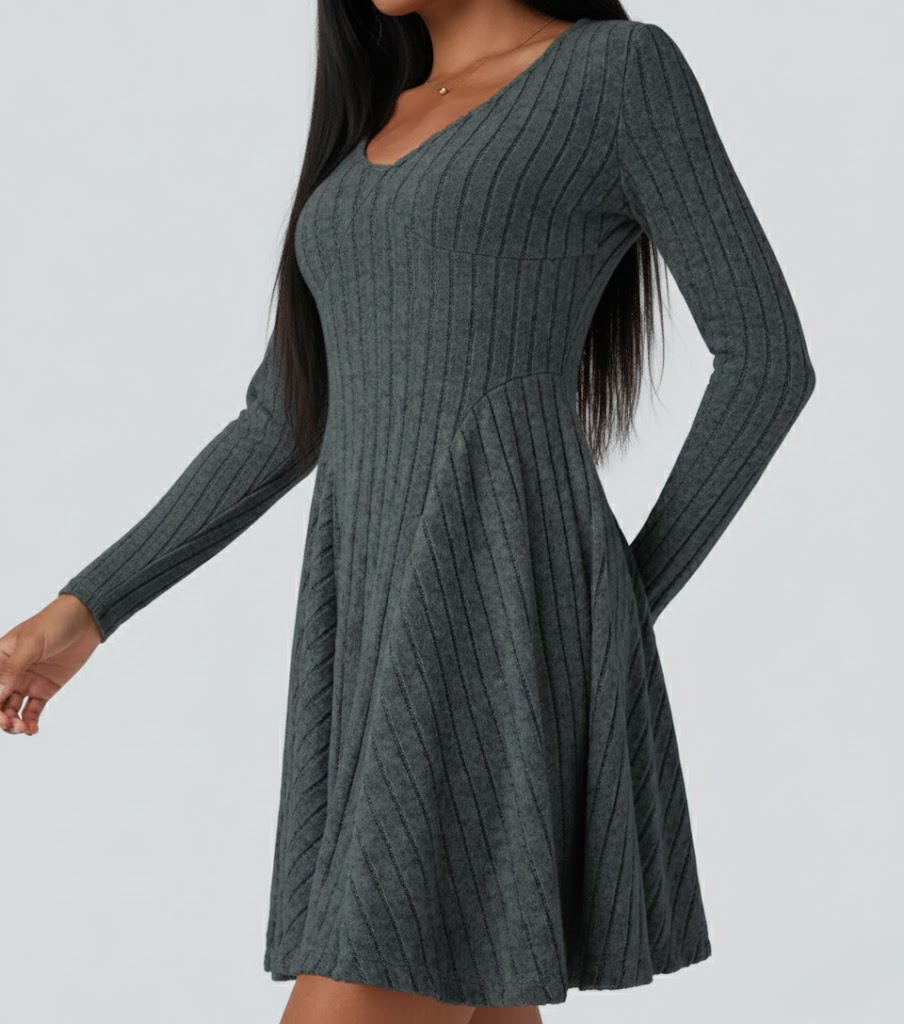 Ribbed Knit V Neck Long Sleeve Flare Casual Dress