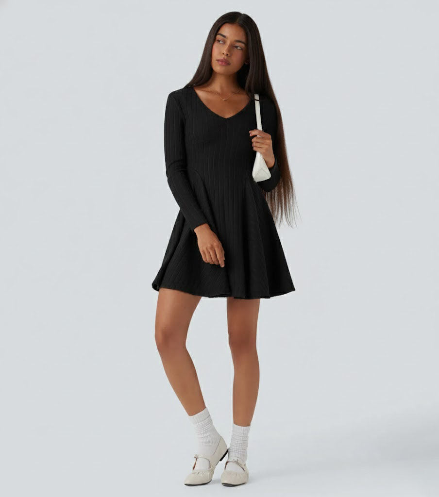 Ribbed Knit V Neck Long Sleeve Flare Casual Dress