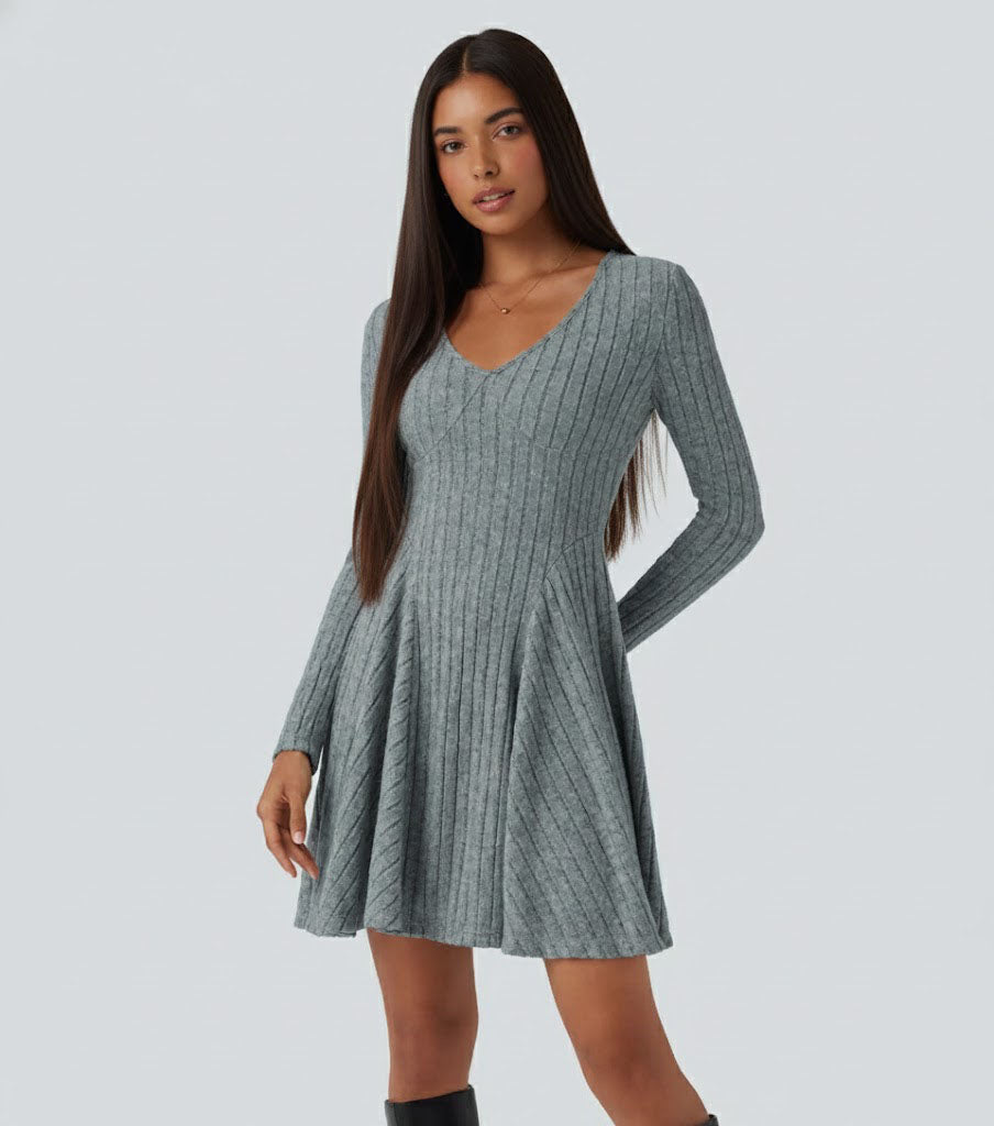 Ribbed Knit V Neck Long Sleeve Flare Casual Dress