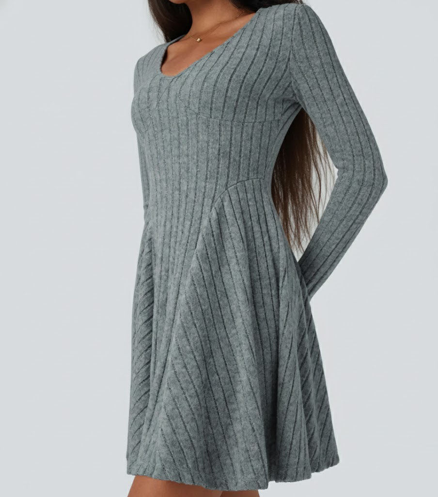 Ribbed Knit V Neck Long Sleeve Flare Casual Dress