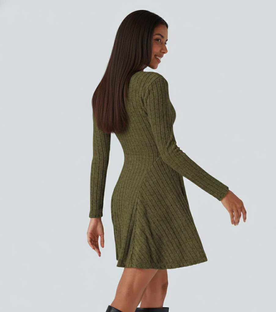 Ribbed Knit V Neck Long Sleeve Flare Casual Dress