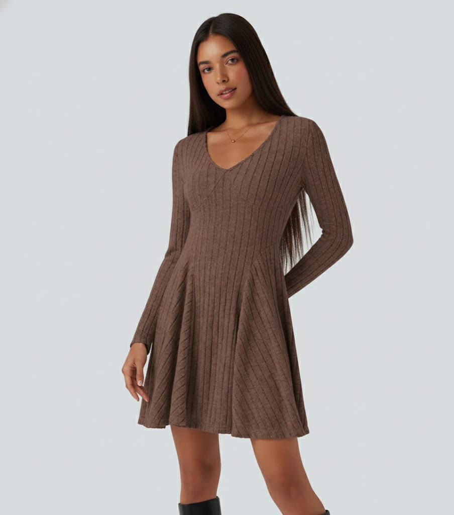 Ribbed Knit V Neck Long Sleeve Flare Casual Dress
