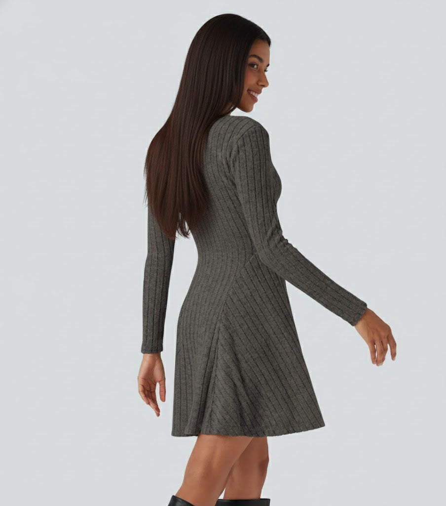 Ribbed Knit V Neck Long Sleeve Flare Casual Dress