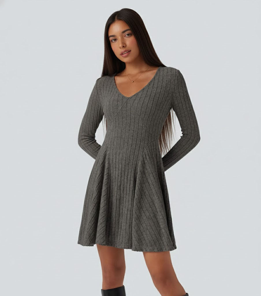 Ribbed Knit V Neck Long Sleeve Flare Casual Dress