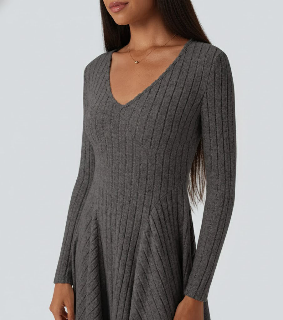 Ribbed Knit V Neck Long Sleeve Flare Casual Dress
