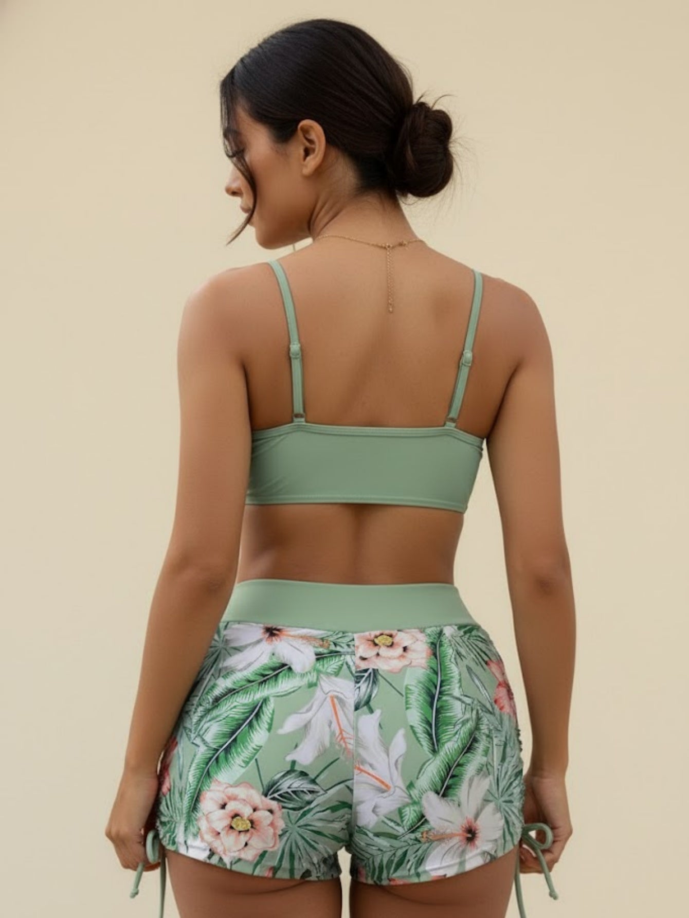 Tropical Print Drawstring High Waist Bikini Set