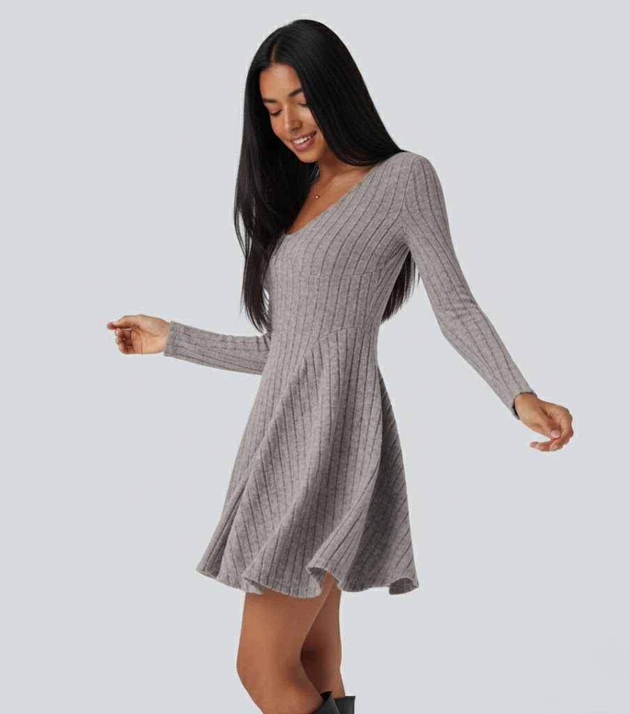 Ribbed Knit V Neck Long Sleeve Flare Casual Dress