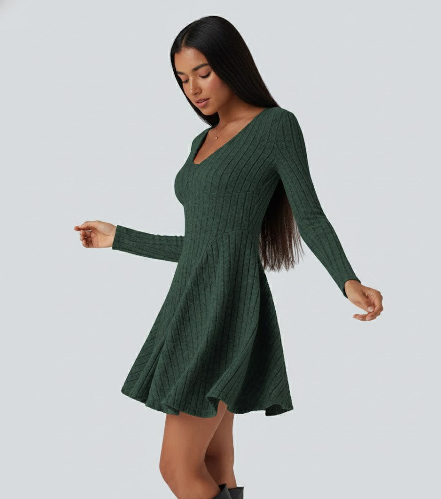 Ribbed Knit V Neck Long Sleeve Flare Casual Dress