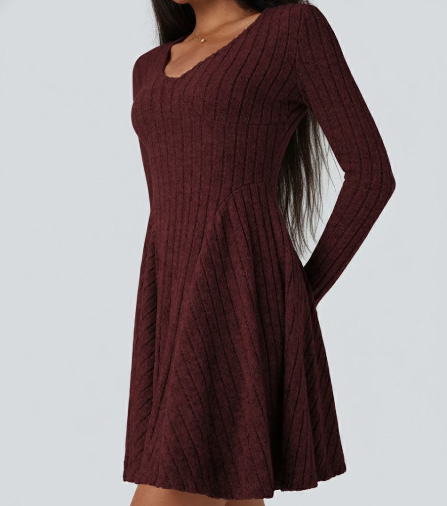 Ribbed Knit V Neck Long Sleeve Flare Casual Dress