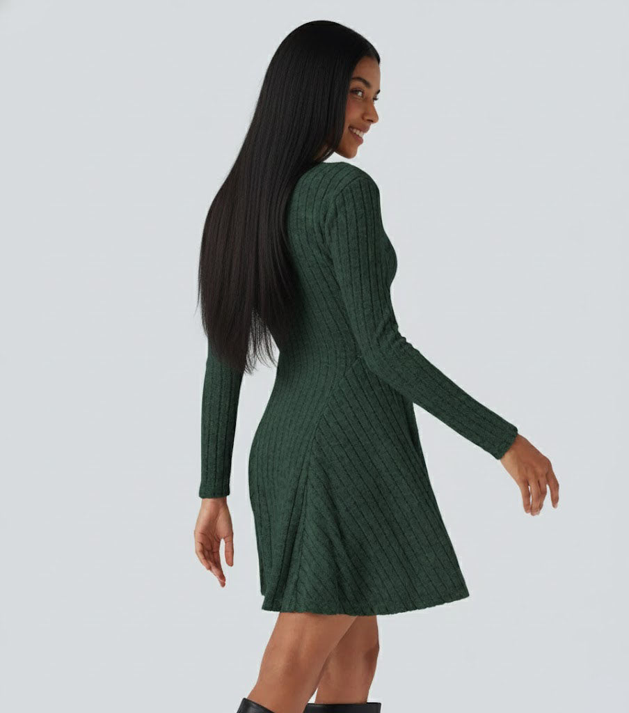 Ribbed Knit V Neck Long Sleeve Flare Casual Dress