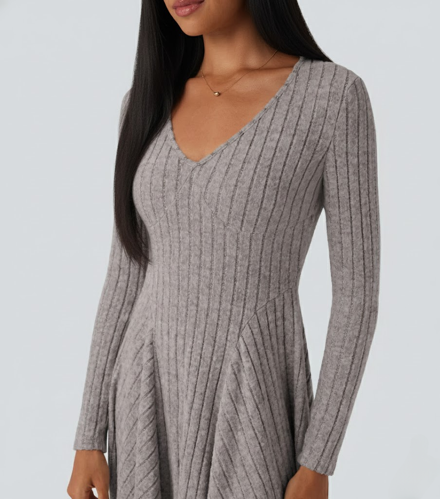 Ribbed Knit V Neck Long Sleeve Flare Casual Dress