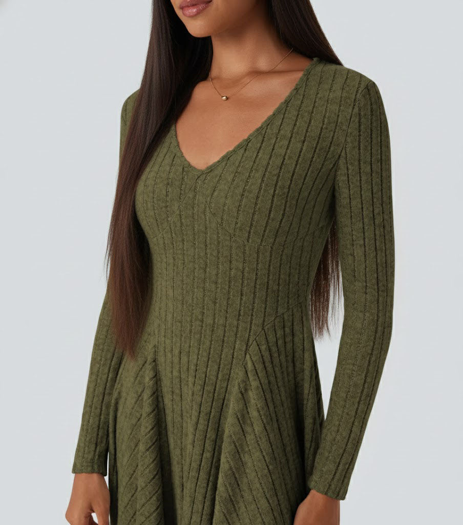 Ribbed Knit V Neck Long Sleeve Flare Casual Dress
