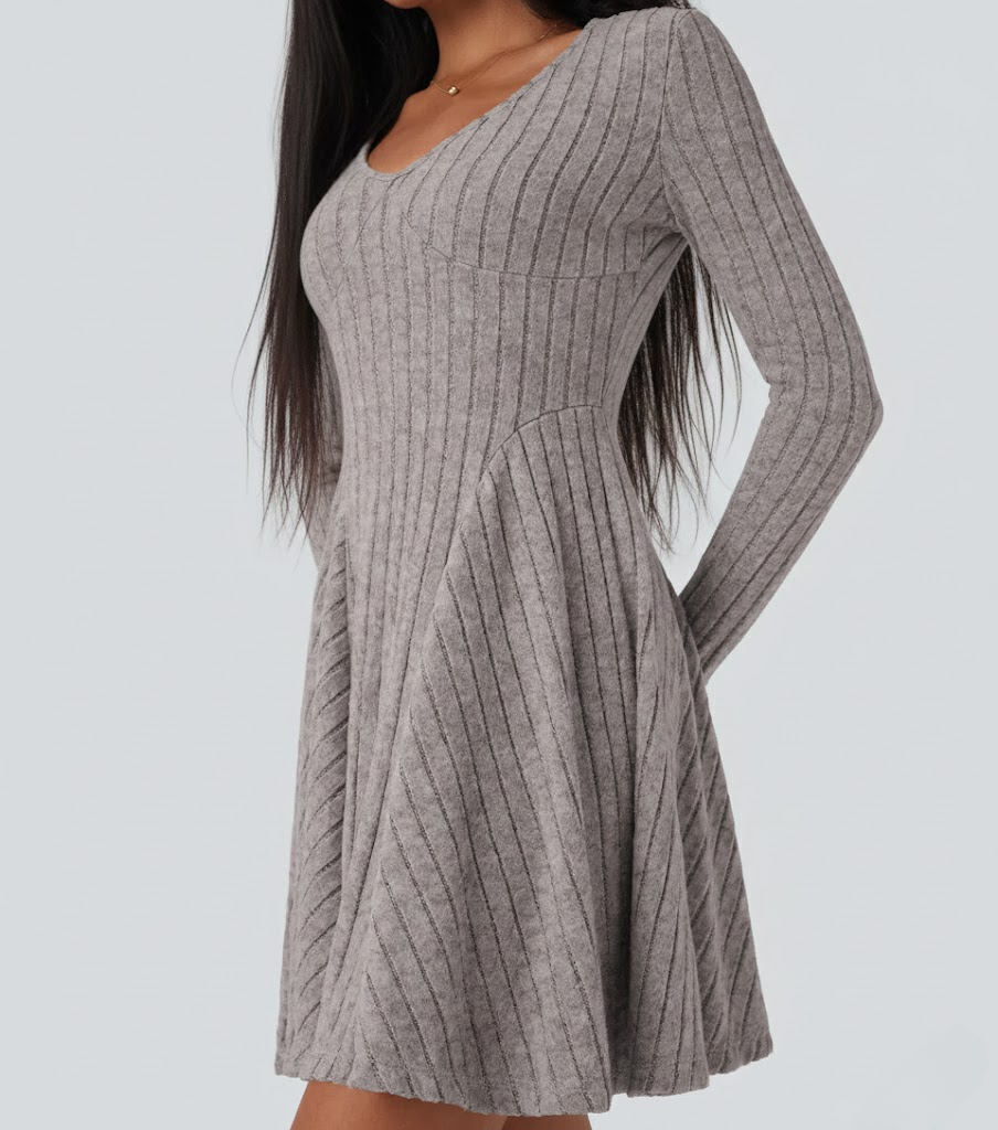 Ribbed Knit V Neck Long Sleeve Flare Casual Dress