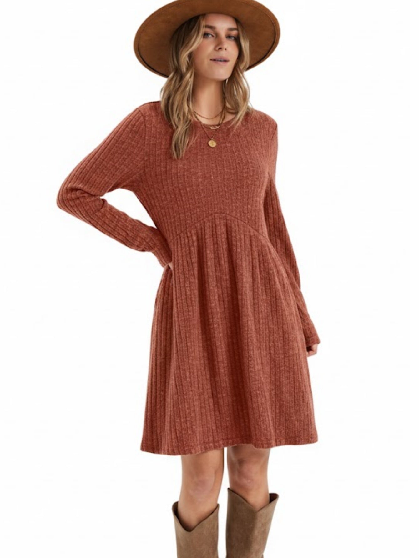 Ribbed Knit A-Line Boho Midi Dress